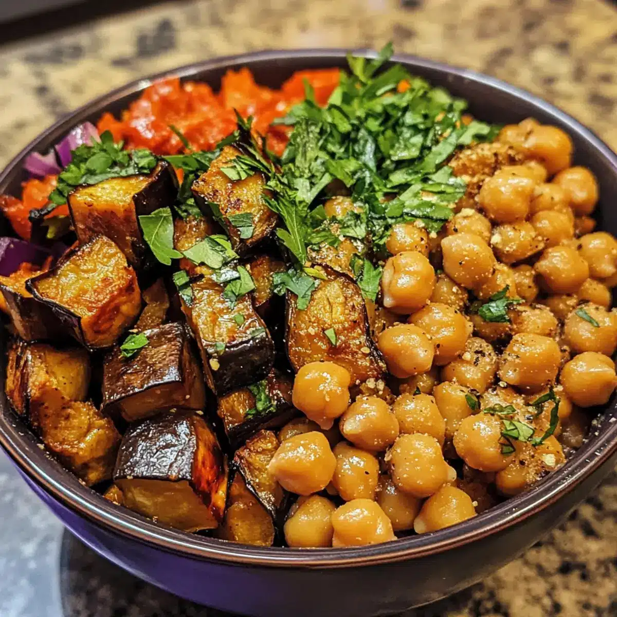 Roasted Eggplant Chickpea Dinner Bowl